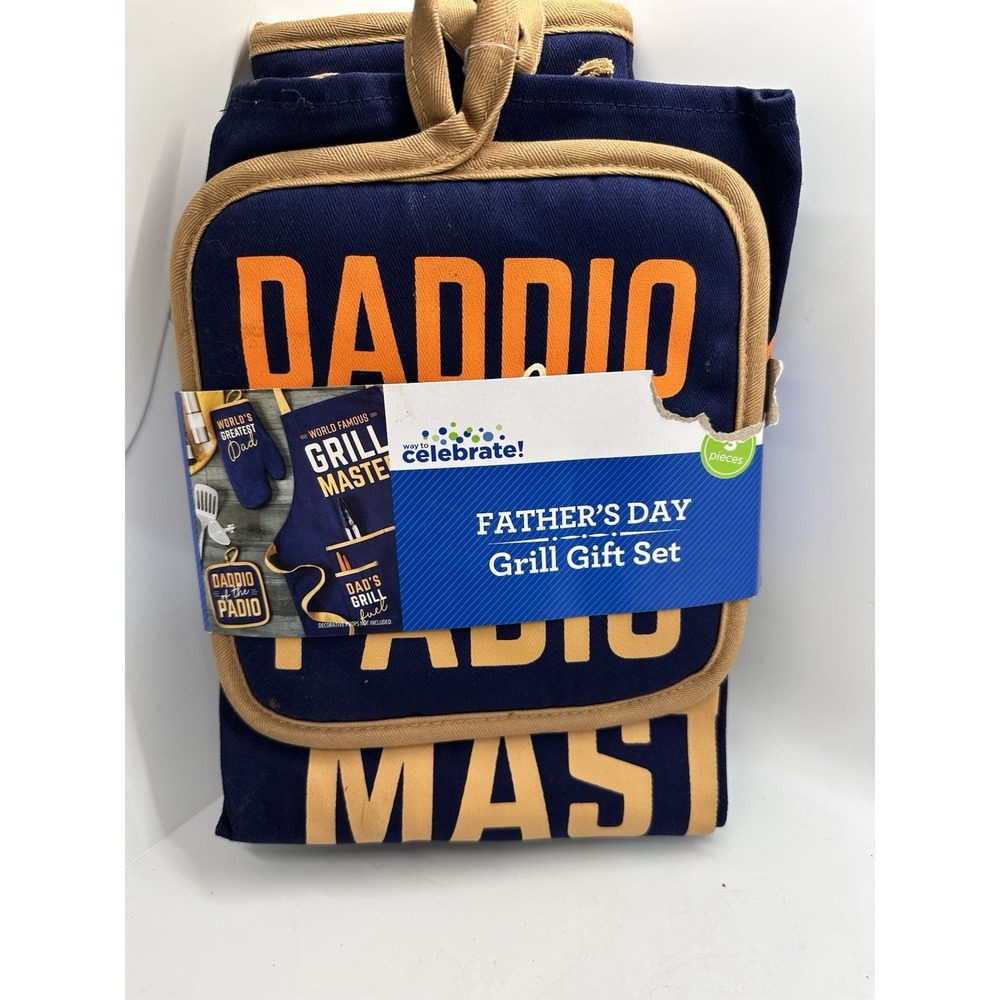Father's Day Gift Set Grill Kitchen Apron Oven Mitt Potholder New 3-Piece New